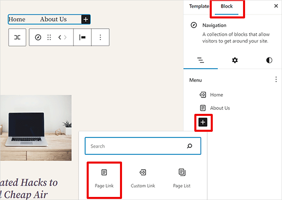 Adding navigation menu items in the site editor