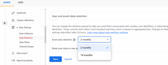 Change data retention settings