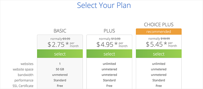 Choose hosting plan