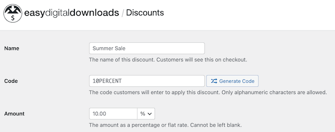 Creating coupon codes using Easy Digital Downloads (EDD)