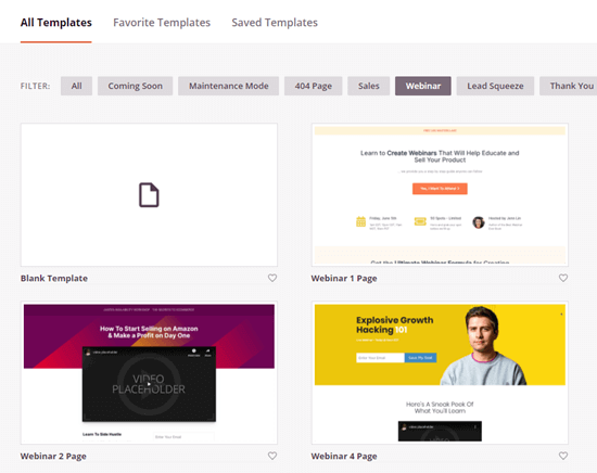 A selection of webinar landing page templates in SeedProd