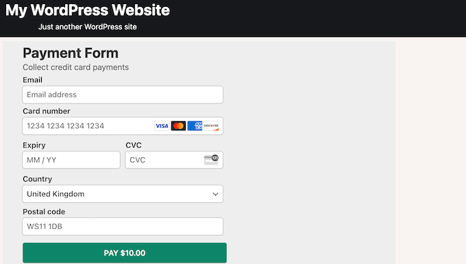 An example of a payment form, created using WP Simple Pay